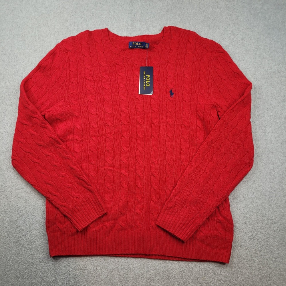 Polo Ralph Lauren Sweater Mens Large Red Cable Knit Wool Cashmere Crewneck
